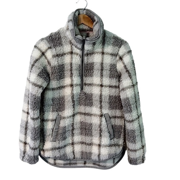 Abercombie Soft A&F Gray Plaid Sherpa Quarter Zip Pullover - Picture 2 of 10